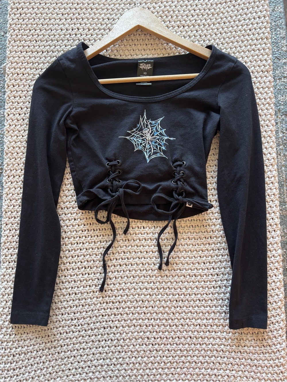 Black Lace-Up Crop Top with Spider Web Graphic - Women's